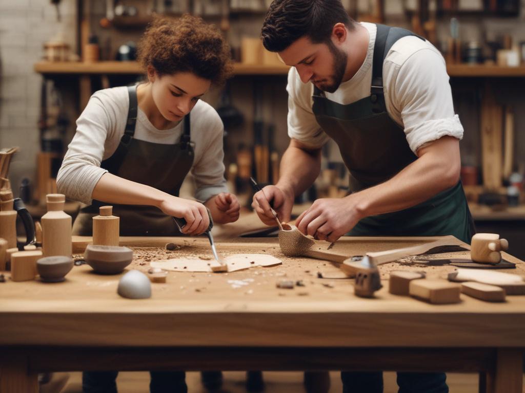 A workshop scene featuring individuals engaged in woodworking activities