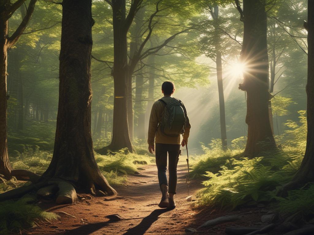 A person standing on a forest trail, surrounded by lush
