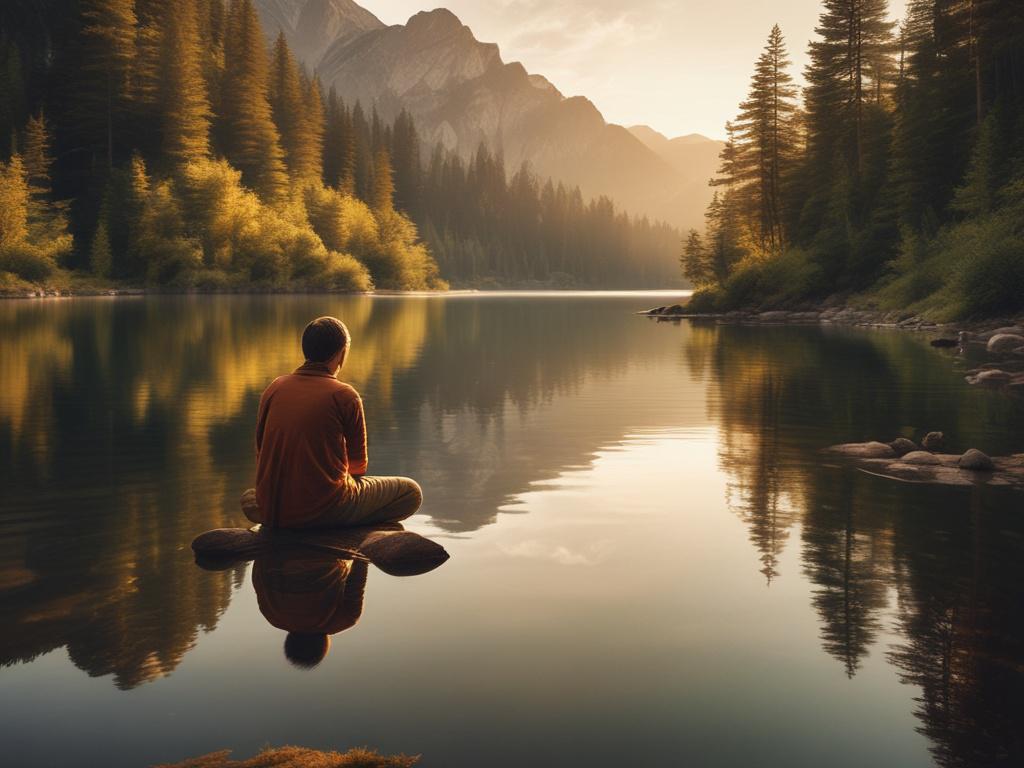 A photographer crouched by a serene lake, capturing the reflection