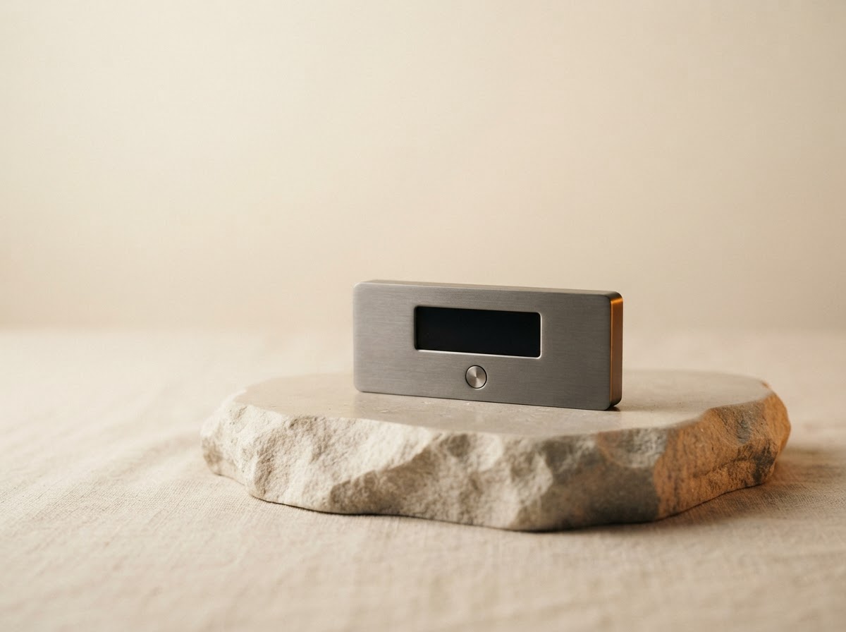 An unbranded hardware wallet resting on a warm stone display plinth