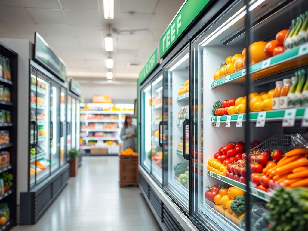 A hyper-realistic close-up shot of a modern energy-efficient refrigeration cabinet in a convenience store. The cabinet showcases fresh produce with vibrant colors, emphasizing the eco-friendly design. The background features a clean and well-organized store aisle, with a focus on natural lighting highlighting the sustainability theme. The image should convey a sense of freshness and modernity, aligning with the green retail concept, and compatible with the rgb(50, 170, 39) primary color.