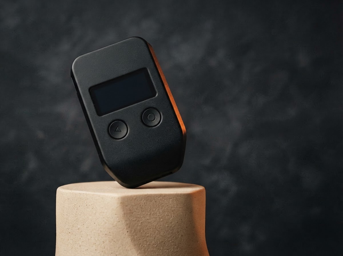 A Trezor-style hardware wallet, thoughtfully designed to keep your crypto secure
