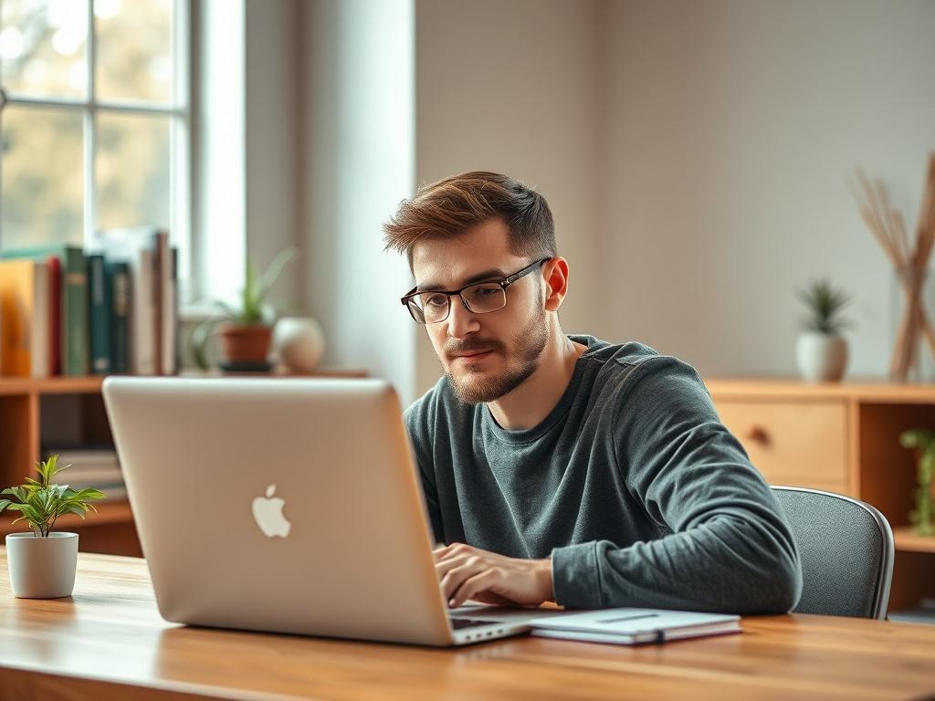 Create a realistic high-resolution photo that embodies the theme "Enhancing Skills Through Short Courses." The composition should feature a single subject: a focused adult learner, sitting at a wooden desk with a laptop open in front of them. The learner's expression reflects determination and engagement, illustrating their commitment to skill development through short courses. The background should be a softly blurred home office setting, filled with warm natural light filtering through a window, showcasing a few books on a shelf and a small plant to evoke a sense of inspiration and growth. The overall color palette should maintain a calm and inviting vibe, with shades of green to resonate with the theme of growth. Ensure the image is shot in a close-up style using a 45mm f/1.2 lens, emphasizing the learner's focused expression while keeping the background simple and unobtrusive. Avoid any text or abstract shapes to ensure clarity and directness.