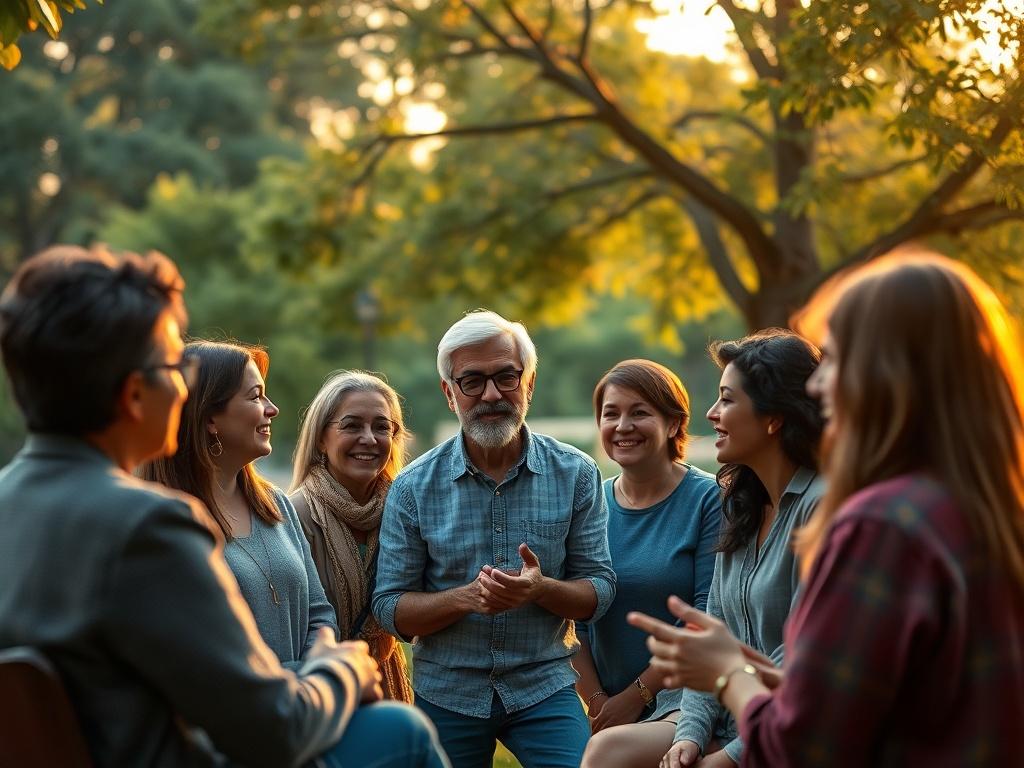 A serene, inviting scene of a community gathering in a