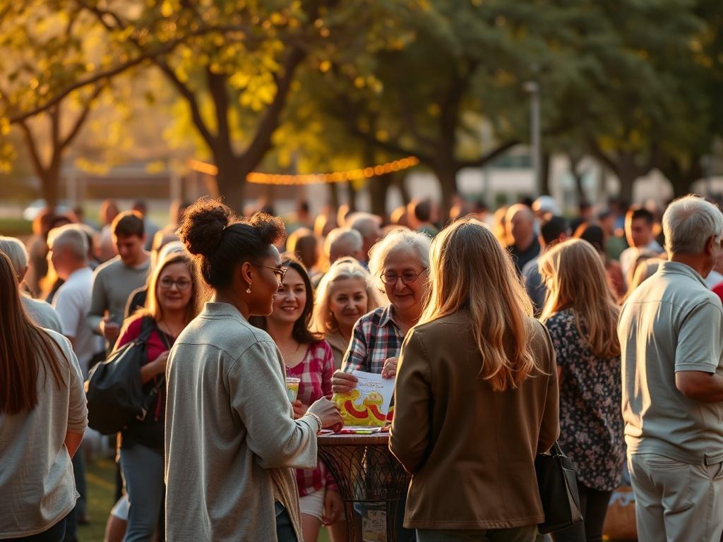A lively community gathering in a park, with people of