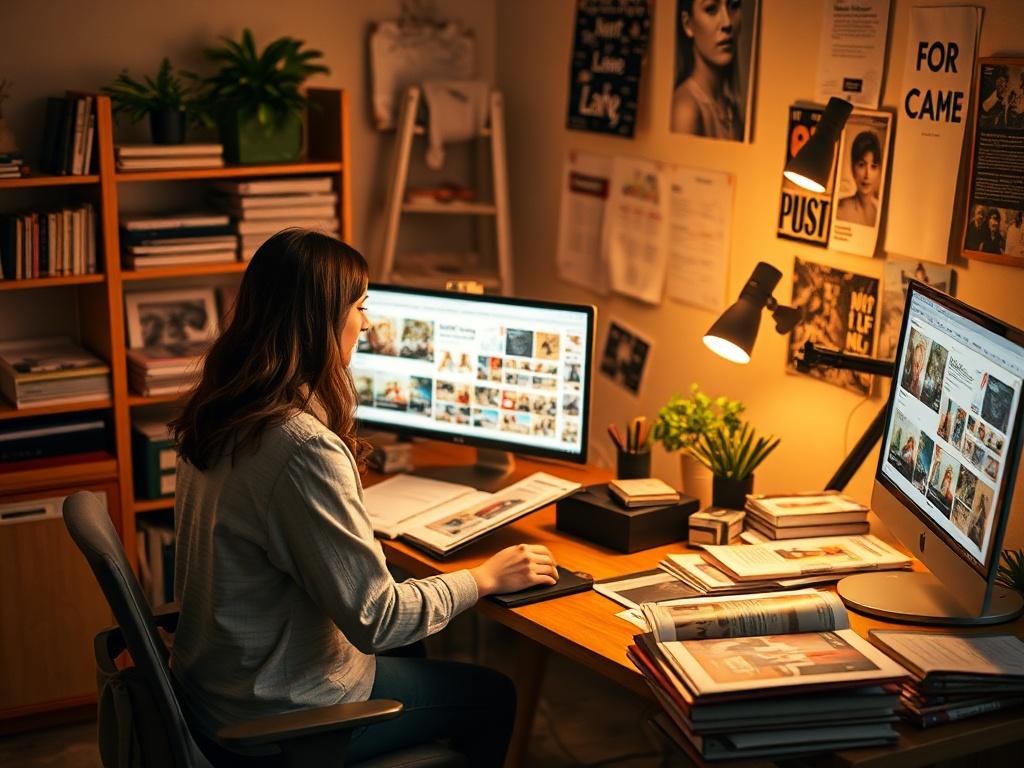 A well organized publishing workspace with a designer reviewing print