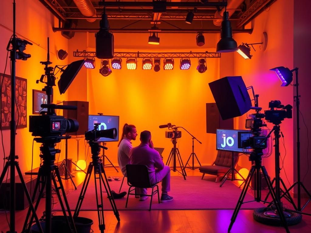 A modern digital production studio with a creative team collaborating
