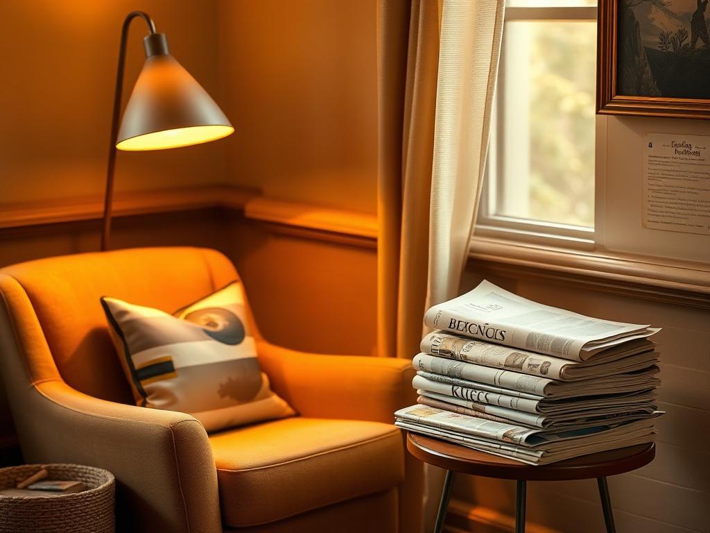 A cozy reading nook with a comfortable armchair, a warm