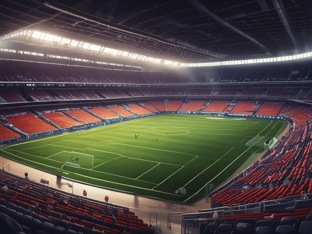 photorealistic rendering of a football stadium with vibrant colors, showcasing