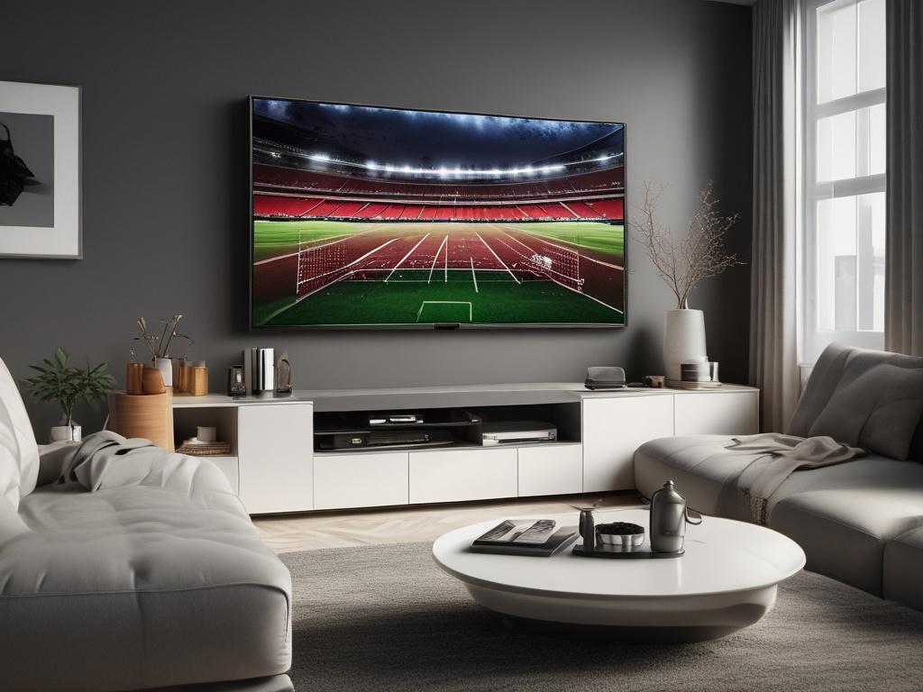 photorealistic image of a living room with a modern TV