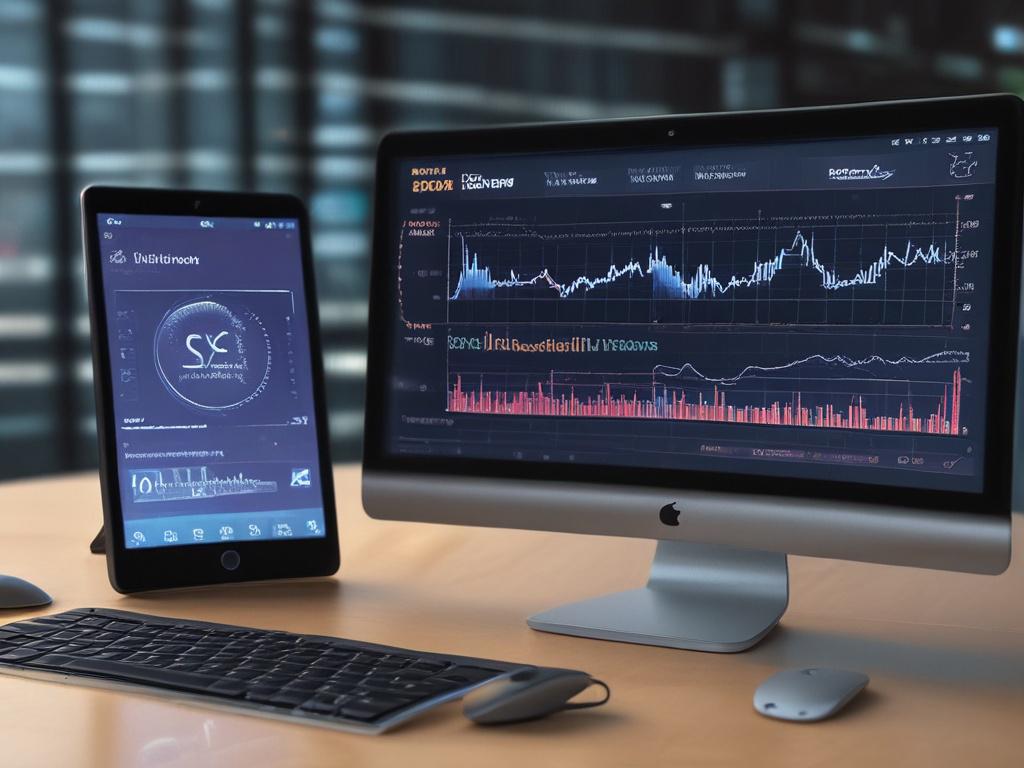 A close-up shot of a digital screen displaying a smart contract interface, with flowing data visualizations in the background. The image should have a modern, sleek design, emphasizing the technology aspect with the rgb(122, 86, 4) primary color.
