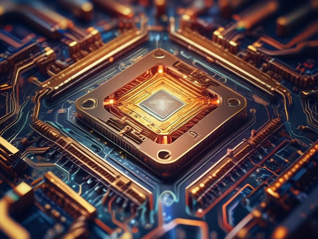 A close-up shot of a high-tech quantum computer, showcasing intricate circuits and glowing lights. The background should be softly blurred to emphasize the quantum computer's details, with a warm color palette that complements the rgb(122, 86, 4) primary color.