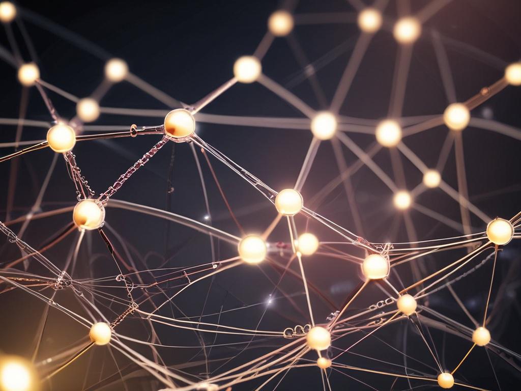 A close-up shot of a digital network graph illustrating quantum connections, with nodes glowing brightly. The background should be minimalistic and dark to enhance the focus on the network graph, with accents of the rgb(122, 86, 4) primary color.