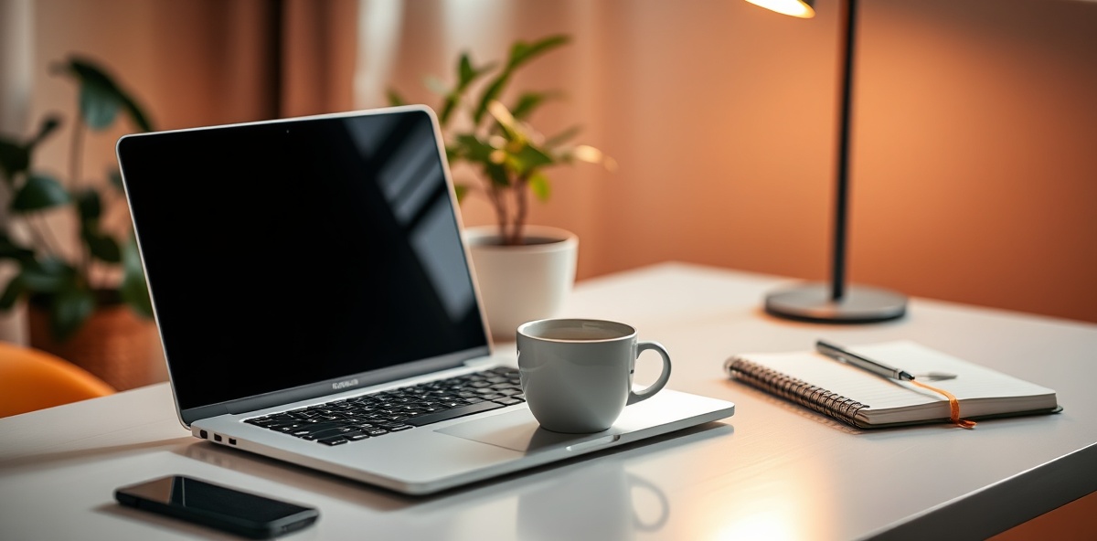Workspace with laptop and coffee