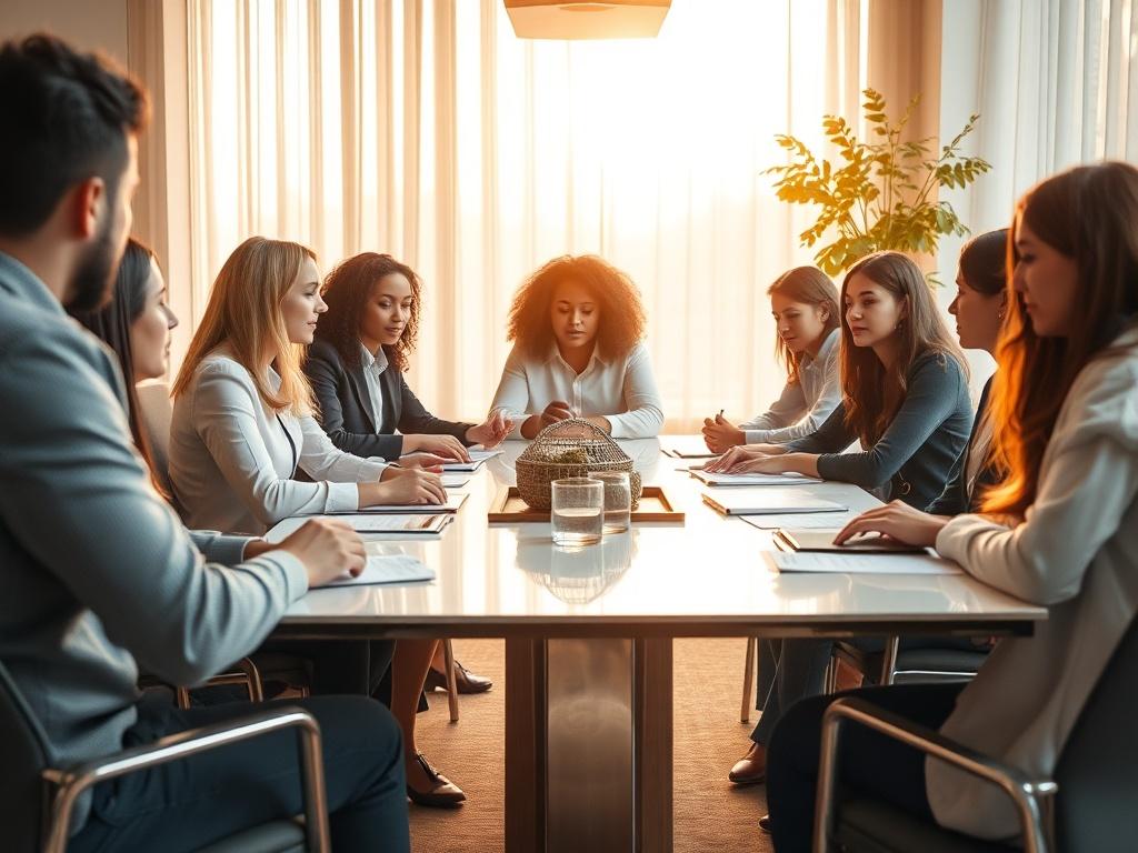 A diverse team of professionals collaborating around a sleek conference table, reviewing tailored strategies for various industries. The setting is bright and modern, reflecting a dynamic approach to problem-solving.