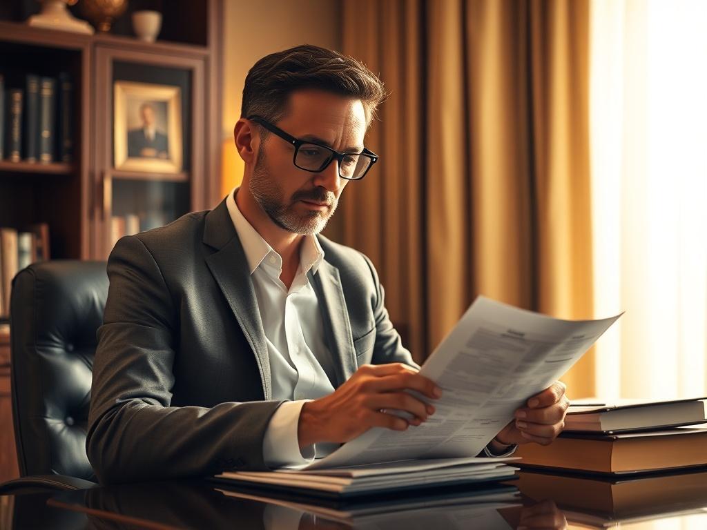 A confident consultant reviewing confidential documents in a well-appointed, private office. Soft lighting casts a warm glow, emphasizing the importance of discretion in high-stakes situations.