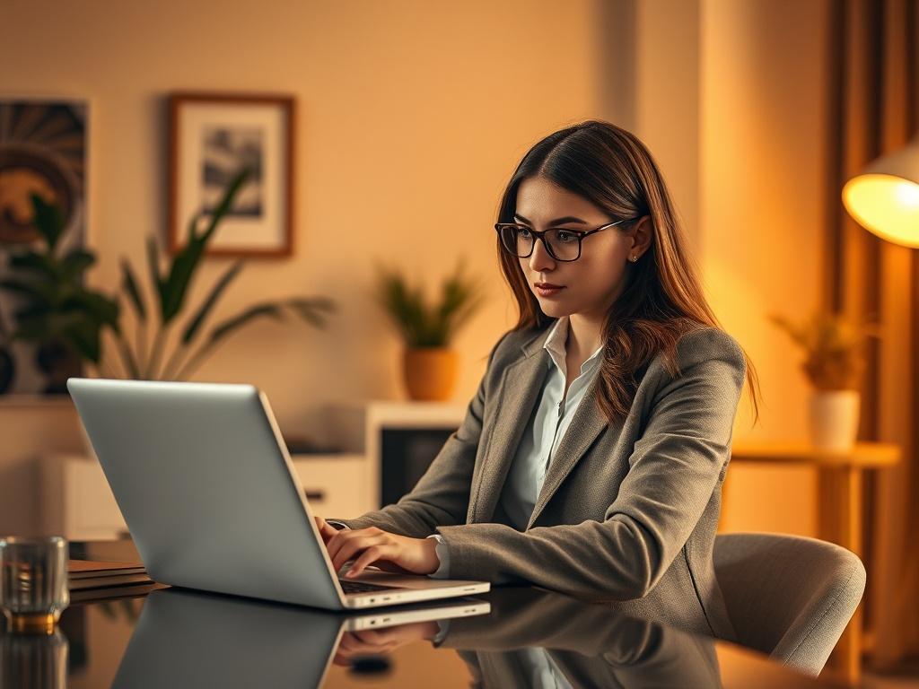 A serene office environment with a calm, focused consultant analyzing crisis management strategies on a sleek laptop. The background features soft lighting and minimalistic decor, evoking a sense of calm and precision in high-pressure situations.