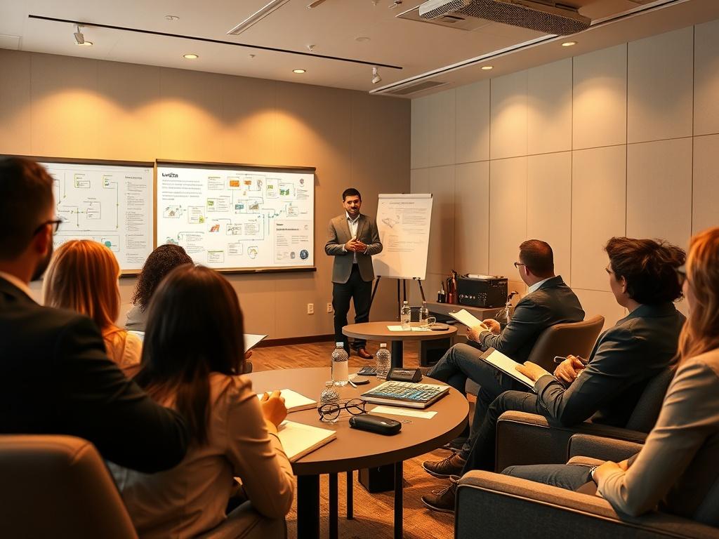 A focused workshop environment where a logistics expert is presenting strategies to a captivated audience. The room is filled with modern furnishings and visual aids, showcasing flowcharts and logistics models. Attendees are taking notes and discussing actively, embodying engagement and learning. The lighting is soft and warm, creating a comfortable atmosphere, while the color palette of black, white, and steel grey maintains a professional and polished look.
