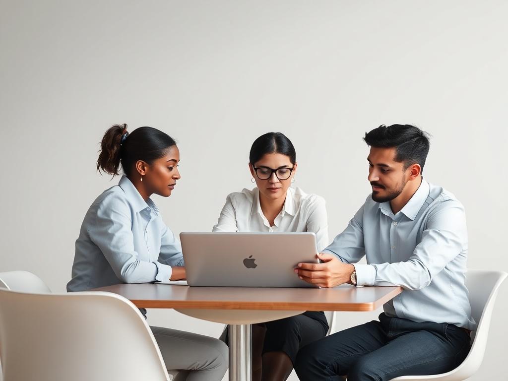 A small group of professionals meeting in a modern, clean workspace. Two to three people sit around a table in focused discussion, reviewing important information on a laptop or tablet. Their expressions are serious and thoughtful, conveying collaboration and problem solving. Lighting is soft and natural, with a neutral, modern background. No clutter, no exaggerated posing, no corporate clichés. The atmosphere is calm, controlled, and professional, representing ongoing strategic support and real-world exper