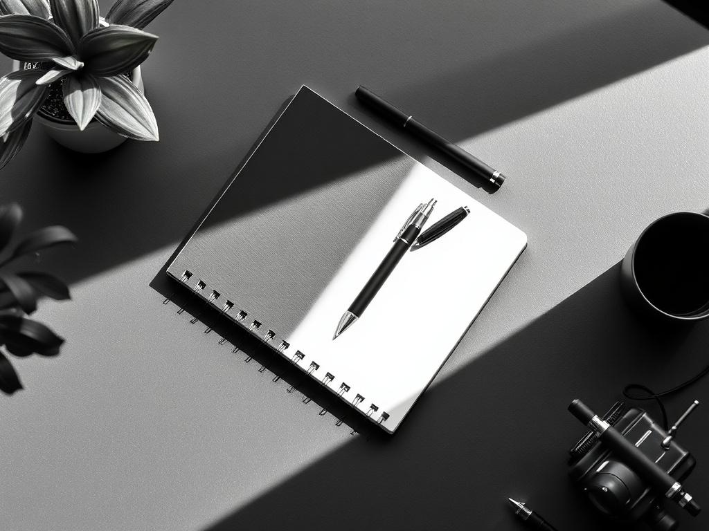 A minimal overhead workspace shot featuring a single black notebook and a matte black pen. The notebook and pen are placed with deliberate alignment on a clean slate grey desk. The scene is softly illuminated with natural light, casting light shadows, and is free from clutter. There are no plants, fabrics, phones, or décor present. The overall style is quiet, disciplined, and structured. The mood conveys calmness, focus, and professionalism, reflecting a high-end operations or strategy firm.