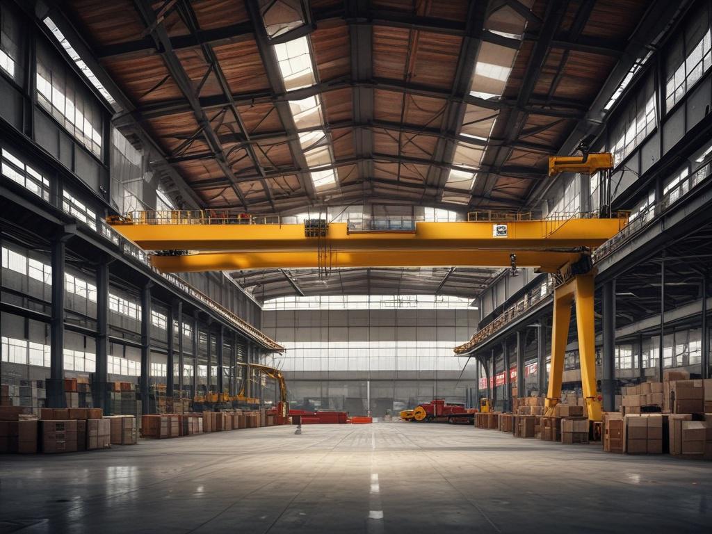 **AI Image Generation Prompt:**

Create a realistic high-resolution photo of a double girder crane positioned within a tight warehouse environment. The main subject of the image should be the double girder crane, clearly showcasing its robust structure and design, with an emphasis on the high lift height it offers. Use a hyper-realistic rendering style, focusing on details such as the steel beams, pulleys, and lifting mechanism, captured with a 45mm f/1.2 lens to highlight the crane's intricate features. 

