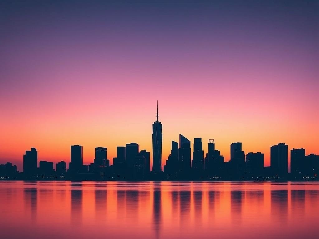Create a realistic high-resolution photo of a serene skyline at dusk over a cityscape. The composition should be simple and clear, focusing on a single subject: a beautifully lit silhouette of skyscrapers against a fading orange and purple sky. The foreground should feature a calm body of water, reflecting the vibrant hues of the sunset and the silhouettes of the buildings. The background should exhibit a gradient sky transitioning from soft pastel colors to deeper shades, enhancing the peaceful atmosphere.