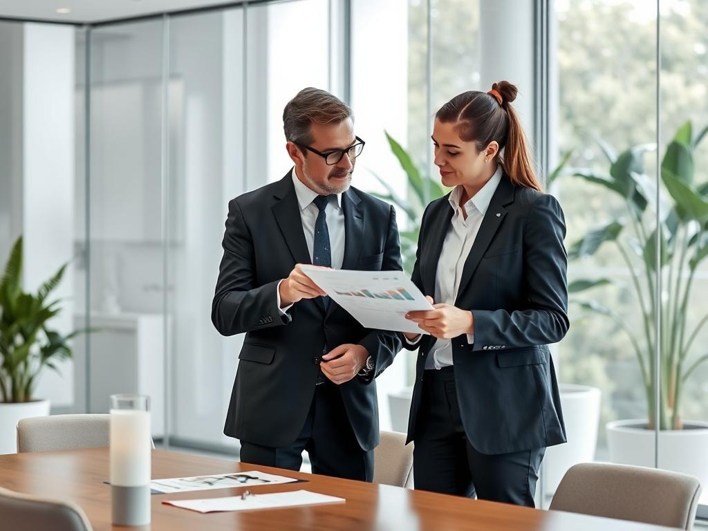 An image depicting a business meeting, with two professionals discussing a document. One is pointing at a chart while the other listens attentively. The setting is bright and modern, with a glass wall and greenery in the background, indicating a dynamic work environment.