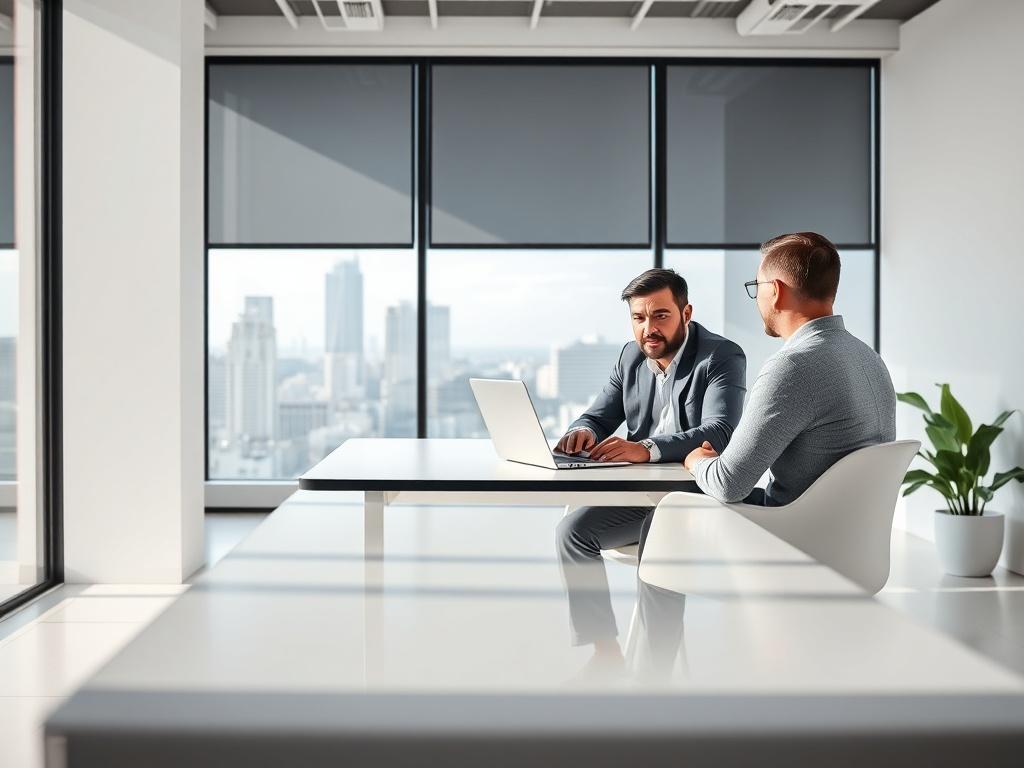 A professional consultant sitting at a desk with a laptop, engaged in a discussion with a business owner. The setting is a modern office with clean lines and minimalistic design. The background features a large window showing a cityscape. The image should convey a sense of collaboration and professionalism.