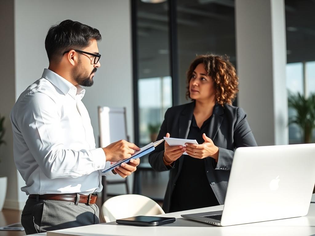 A professional consultant engaged in a discussion with a business owner in a modern office setting. The consultant is taking notes while the business owner expresses thoughts. The office features a clean and minimalistic design with natural light coming through large windows, emphasizing collaboration and professionalism.