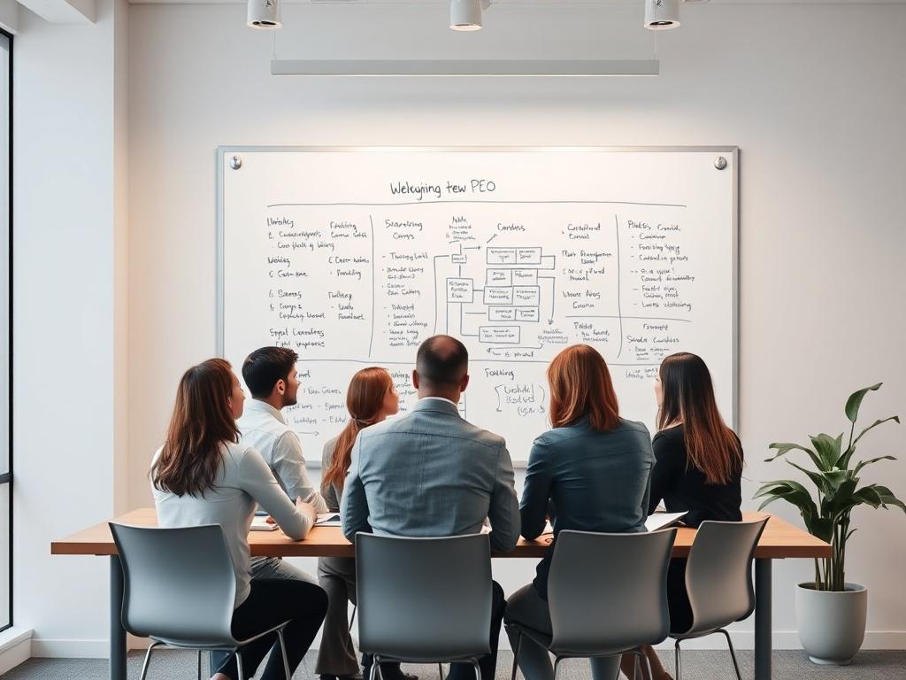 A team collaborating in a modern office space, discussing the implementation of a new PEO. The scene includes a whiteboard filled with workflows and notes, emphasizing teamwork and strategic planning. The setting reflects a dynamic and engaging work environment.