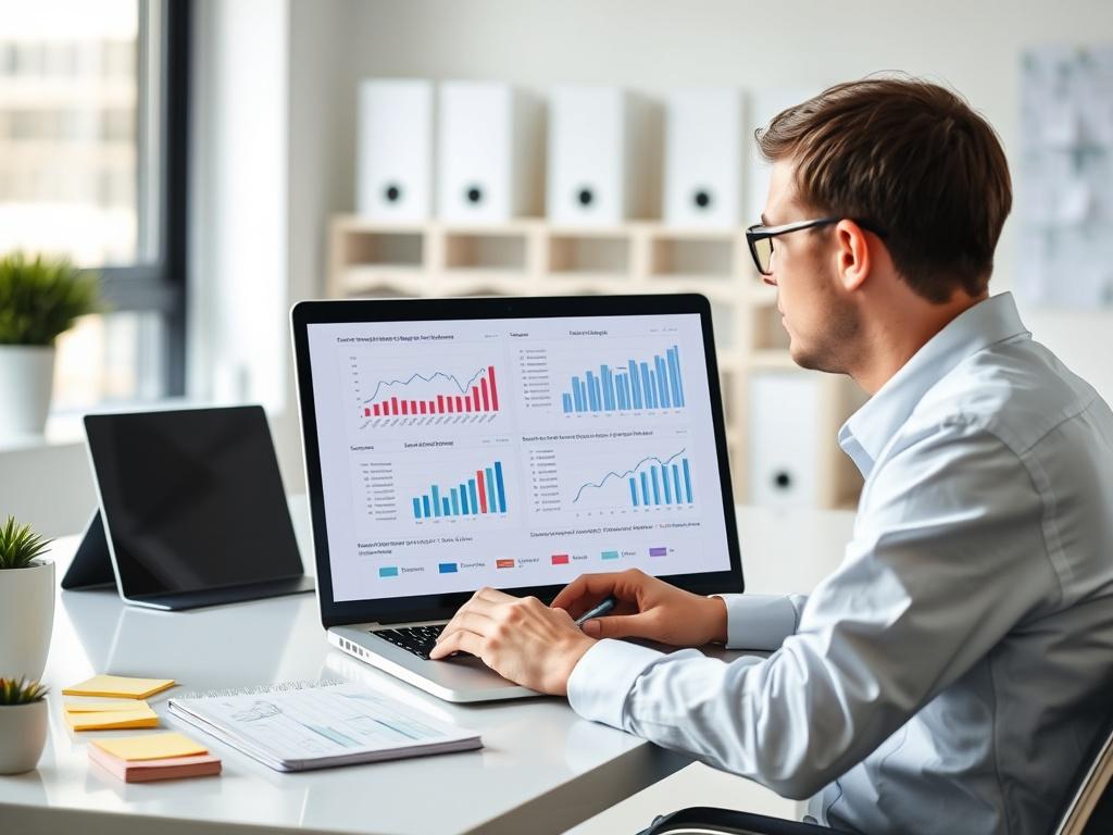 An analyst reviewing workforce data on a laptop in a bright, organized office. The scene captures a close-up of the screen displaying graphs and charts, with post-it notes and a notepad beside the laptop. The atmosphere reflects focus and strategic planning.