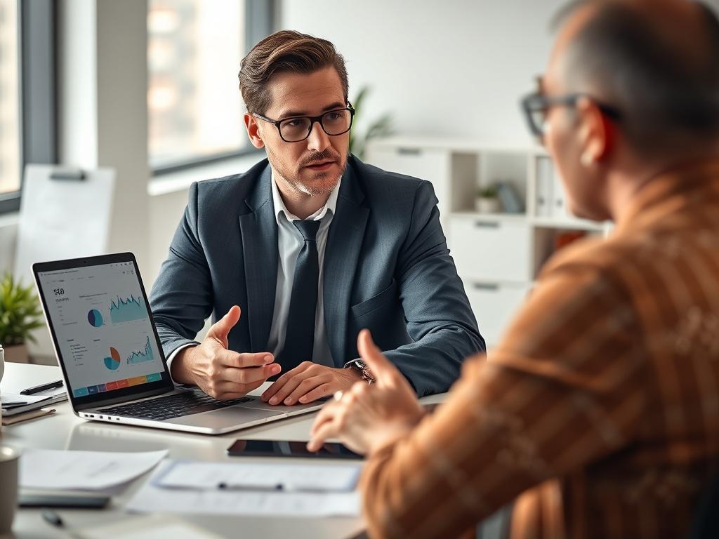 A professional consultant seated at a desk, engaged in a
