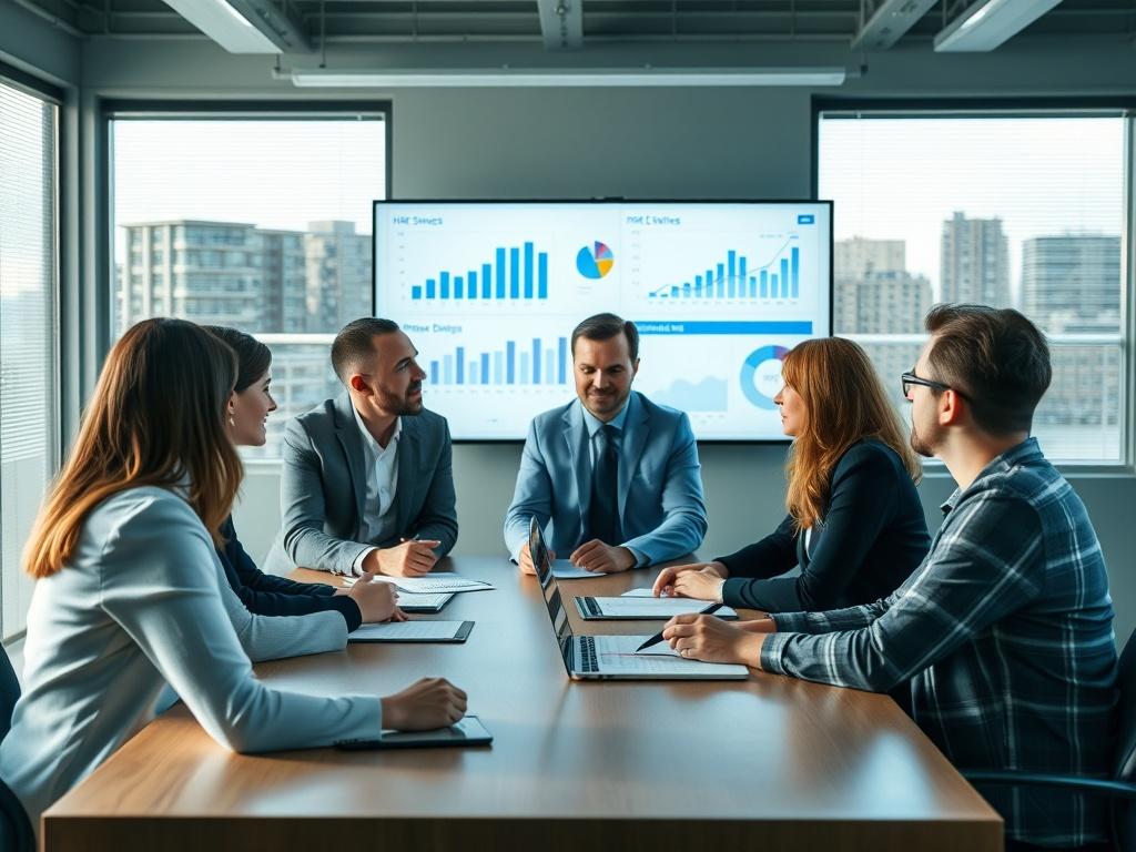 A business team gathered around a conference table, discussing HR