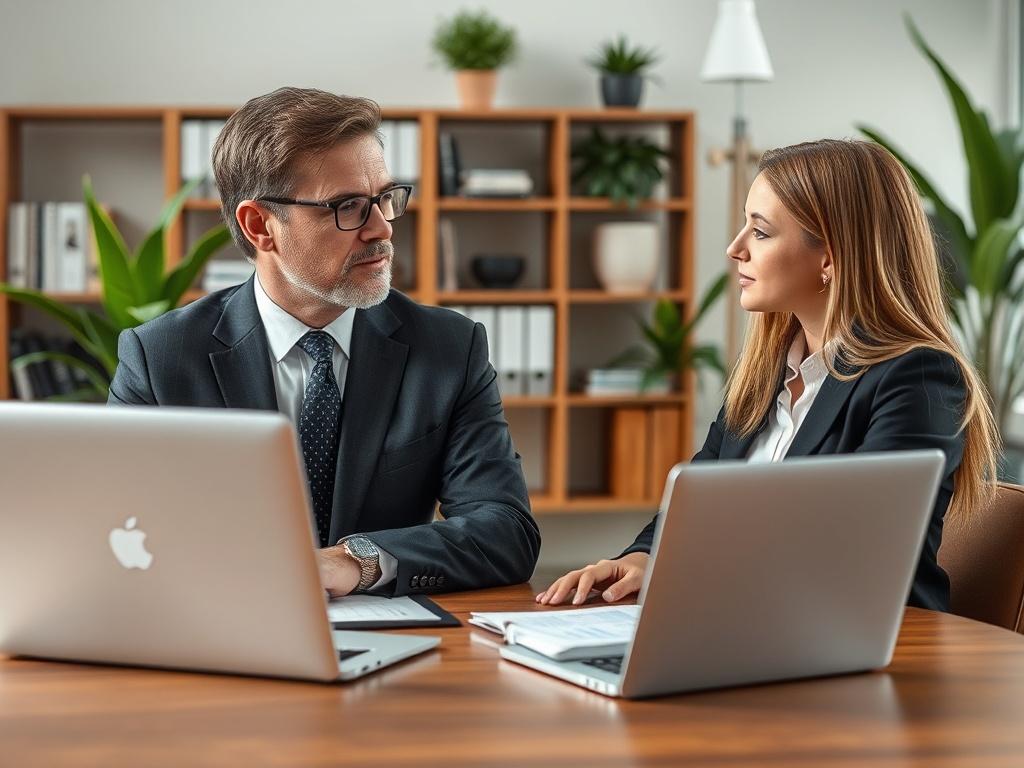 **AI Image Generation Prompt:**

Create a highly realistic, high-resolution photograph that captures the essence of the blog titled "Choosing the Right PEO for Your Business." The image should feature a professional consultant in a modern office environment as the sole subject, conveying a sense of authority and expertise. The consultant, a middle-aged man in a business suit, is seated at a sleek wooden desk, engaged in a thoughtful discussion with a business owner, a young woman dressed in smart casual att