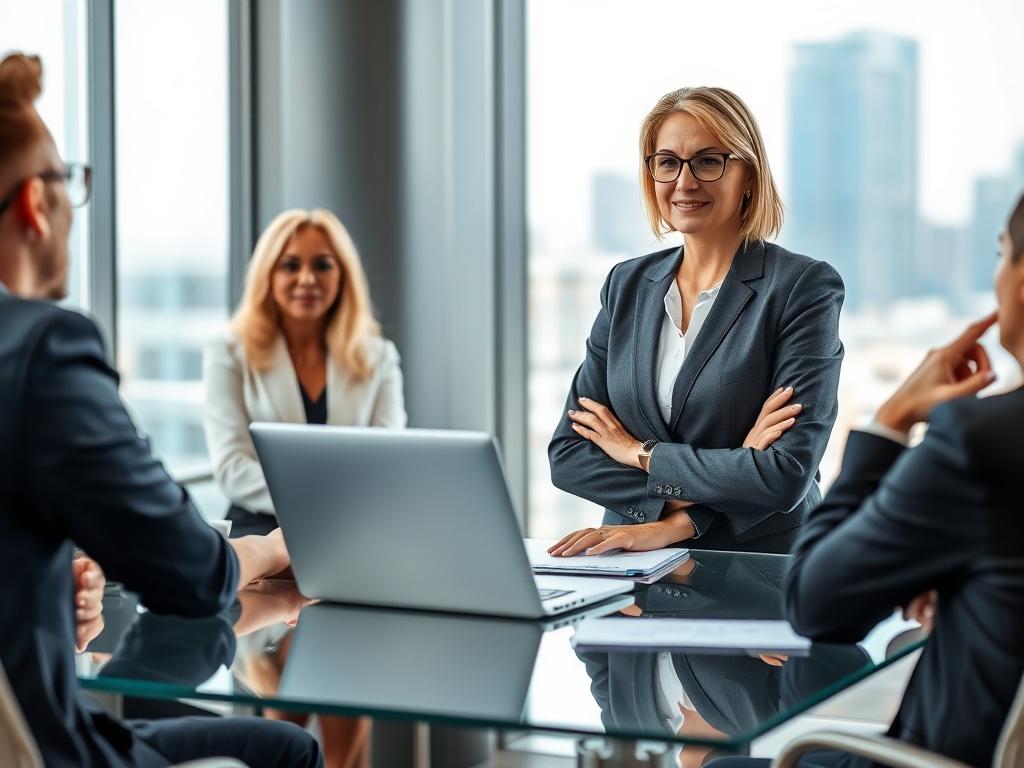 A professional consultant discussing recruitment strategies with a corporate team in a modern office setting. The consultant, a middle-aged woman in business attire, stands confidently at a glass table with a laptop open, surrounded by diverse team members. The background features a contemporary office design with large windows allowing natural light to flood in, showcasing a city skyline.