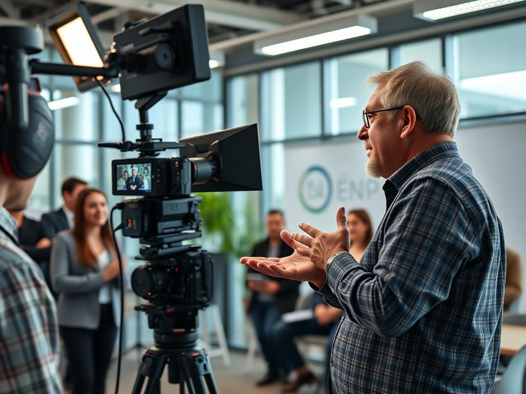 A professional video shoot taking place in a modern office, featuring an instructor filming an engaging training session. The instructor, a middle-aged man, is animatedly explaining concepts to the camera while employees watch and interact. The setup includes professional lighting, cameras, and a backdrop, creating a polished and inviting atmosphere.