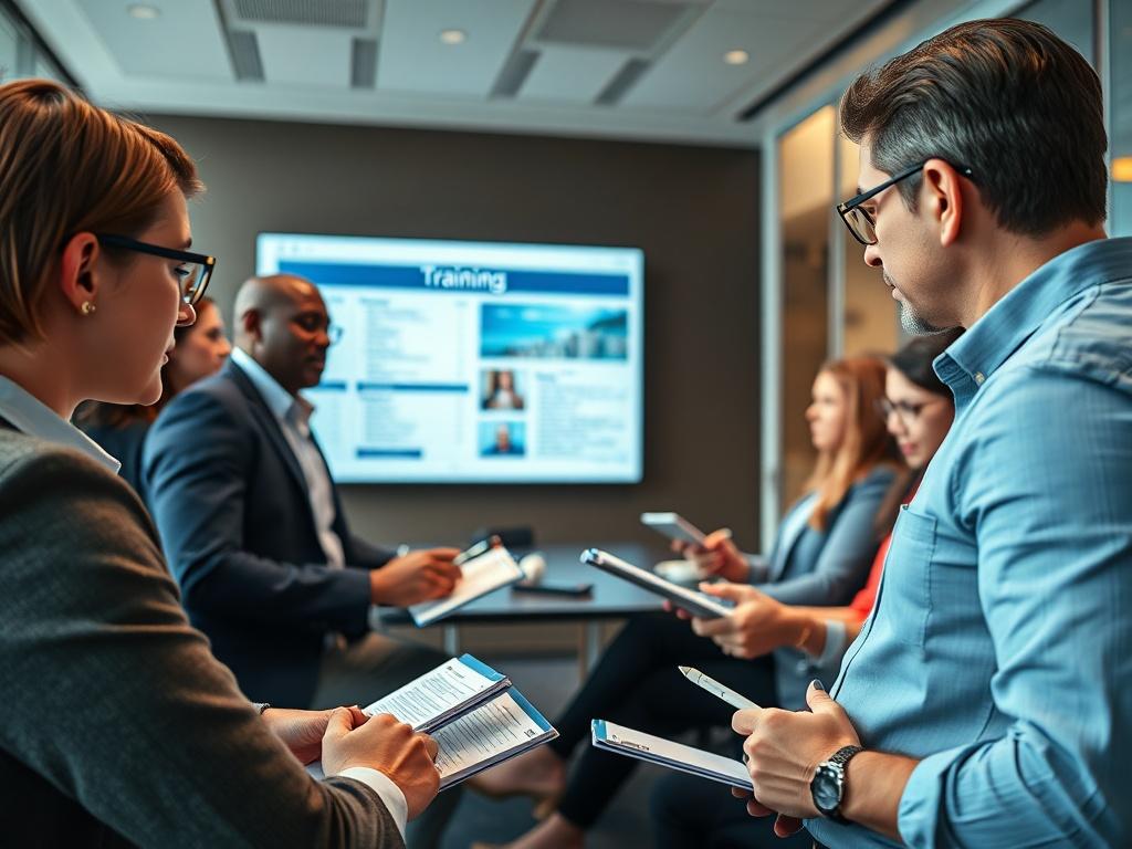 A high-resolution close-up of a training session in progress, featuring a facilitator engaging with a small group of attentive professionals. The setting includes a modern meeting room with a large screen displaying training materials. Participants are jotting down notes and interacting with the content. The atmosphere is focused and energetic, highlighting the importance of learning and development in a corporate environment.