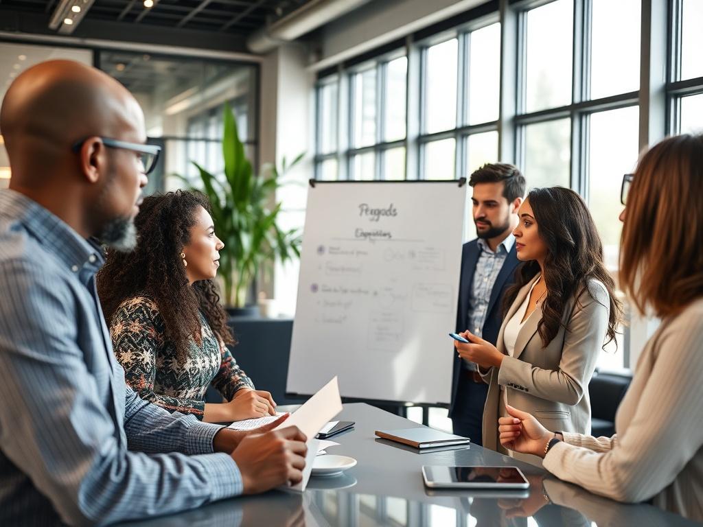 A close-up shot of a diverse group of professionals engaged in a discussion in a modern office environment, showcasing collaboration and teamwork. The focus is on one individual presenting ideas on a whiteboard, with others actively listening and taking notes. The background includes office elements like a sleek desk, plants, and large windows allowing natural light. The image should have a warm and inviting tone, emphasizing professionalism and engagement.