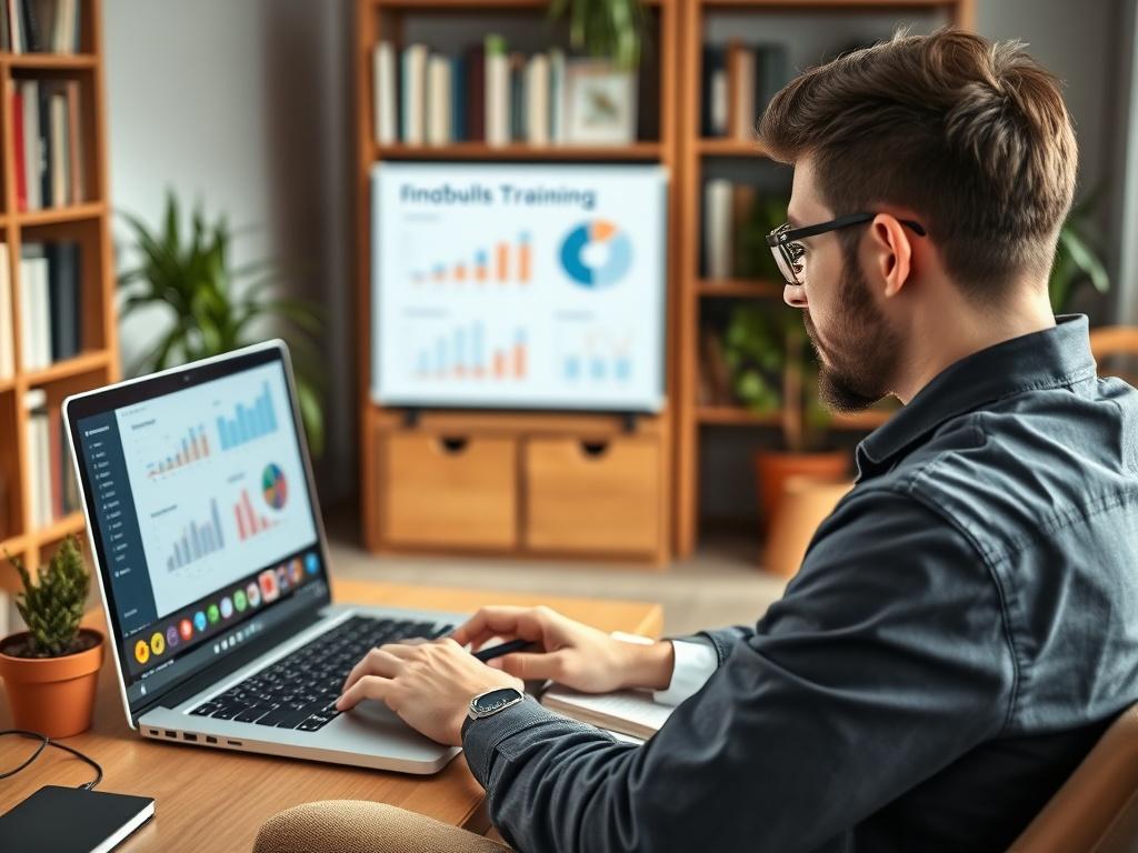 A visually engaging shot of a professional watching an instructional video on a laptop in a cozy home office setting. The screen displays vibrant training content with graphs and visuals. The individual appears focused and taking notes, reflecting a commitment to personal growth and learning. The background includes bookshelves, plants, and a comfortable chair, creating an inviting and productive atmosphere for remote learning.