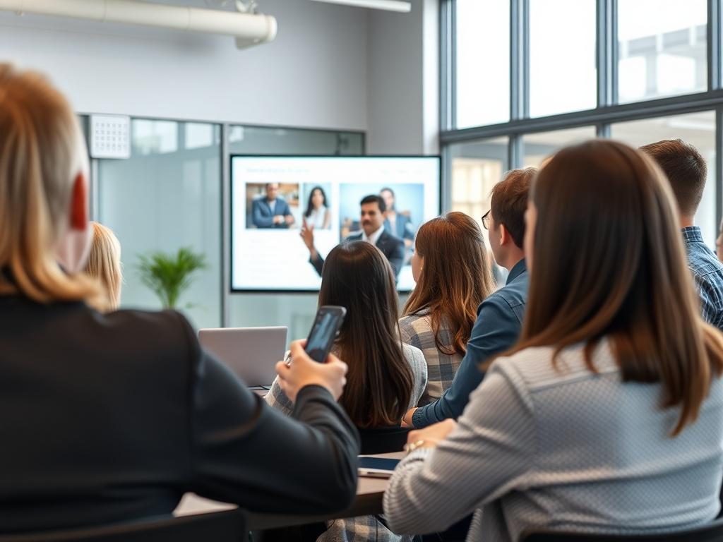 A close-up shot of a corporate training session in progress, featuring a diverse group of employees actively participating in a workshop, with a trainer presenting engaging content on a screen, surrounded by a modern training room environment.