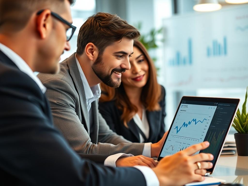 A close-up shot of a professional consultant discussing recruitment strategies with a corporate client in a modern office setting, showcasing both individuals engaged in conversation with a focus on charts and graphs on a laptop screen in the background.