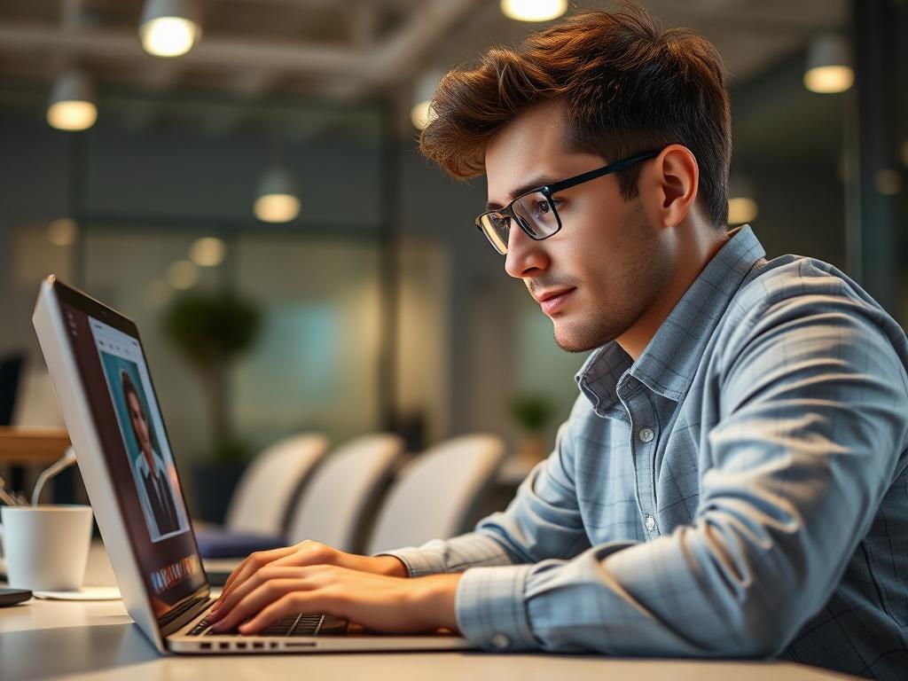 A close-up shot of an employee watching an engaging training video on a laptop, with a modern office background, showcasing the immersive experience of video-based learning.