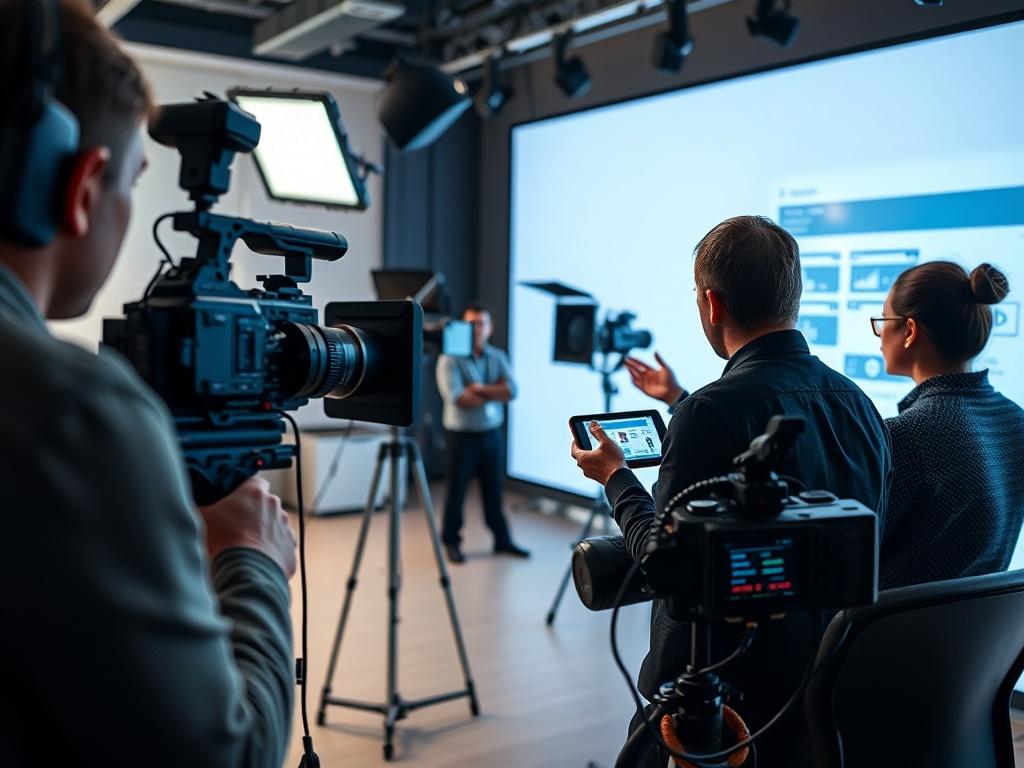 A professional video production team capturing training content in a well-lit studio. The scene includes a presenter demonstrating key concepts with visual aids, while cameras and lighting equipment are set up to enhance the production quality. The background features a clean, modern design, emphasizing professionalism. The image should reflect the dynamic nature of video-based training in a corporate environment.