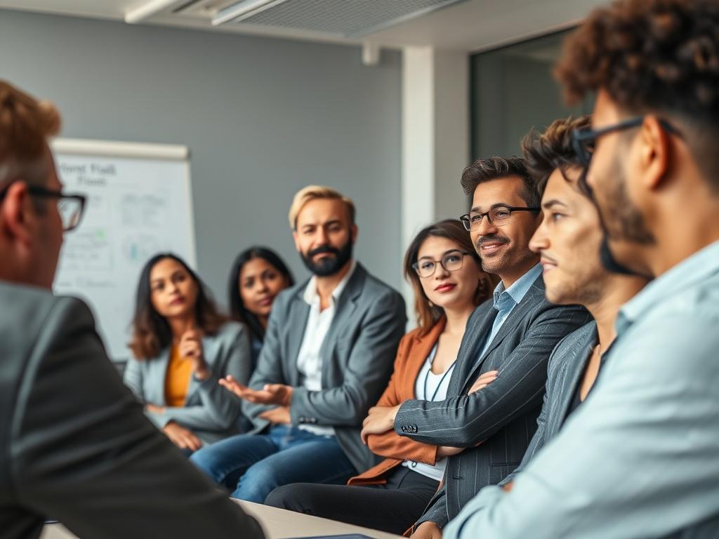 A diverse group of professionals engaged in a training session, with a facilitator leading the discussion. The setting is a modern conference room with a whiteboard and digital presentation tools. Participants showcase various expressions of interest and engagement, reflecting a collaborative learning environment. The image captures the energy and focus of the training, highlighting the importance of skill enhancement in a corporate setting.