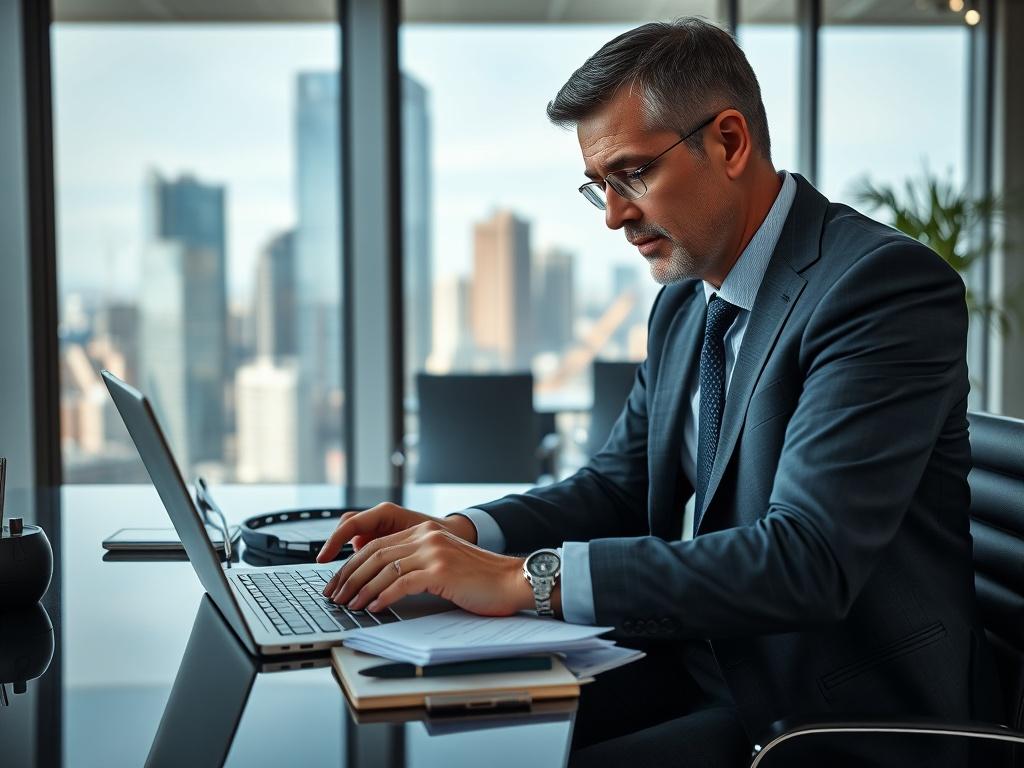A professional consultant sitting at a modern office desk, reviewing recruitment strategies on a laptop. The background features a sleek office environment with soft lighting, showcasing a city skyline view through large windows. The consultant, a middle-aged professional dressed in business attire, is focused and engaged, surrounded by documents and a notepad. The image should convey a sense of professionalism and strategic thinking.