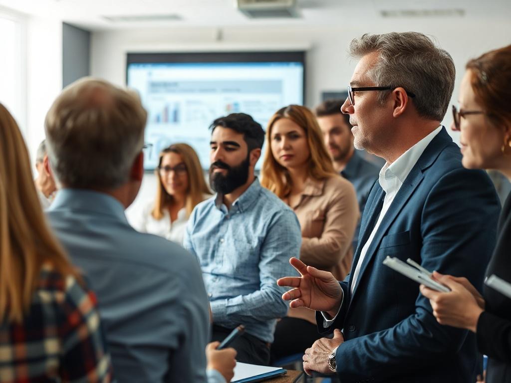 A close-up shot of a diverse group of employees participating in an interactive training session. The trainer is actively engaging the audience, showcasing enthusiasm and expertise. The setting is a bright, modern conference room with a projector displaying training materials. Participants are taking notes and collaborating, highlighting a dynamic learning environment.
