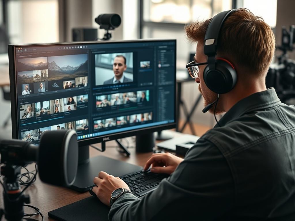 A close-up shot of a professional video editor working on training content. The editor is focused on a computer screen displaying video editing software, with multiple clips and graphics in view. The workspace is modern and creative, with equipment like cameras and microphones visible in the background, emphasizing the production of high-quality training videos.