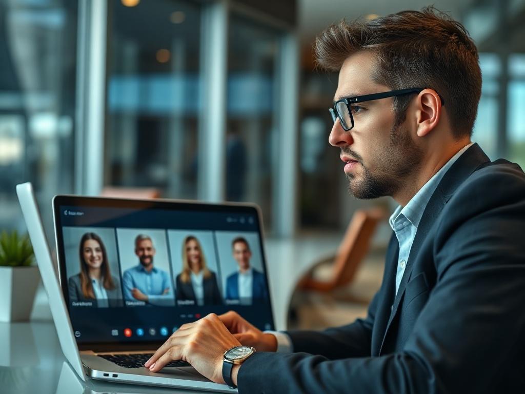 A close-up shot of a professional recruiter engaged in a video call with a candidate. The background features a modern office setting, emphasizing a corporate environment. The recruiter appears focused and attentive, showcasing a laptop with candidate profiles on the screen. The lighting is bright and inviting, highlighting the professionalism of the recruitment process.