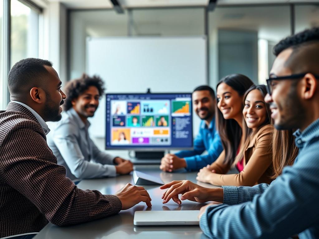 A high-resolution image featuring a laptop screen displaying a vibrant training video, with a diverse group of employees watching attentively in a modern meeting room. The atmosphere is collaborative, with colorful graphics on the screen. The focus is on the engaged faces of the employees, showcasing their interest and involvement in the training. Soft, natural lighting illuminates the room, creating an inviting learning environment.