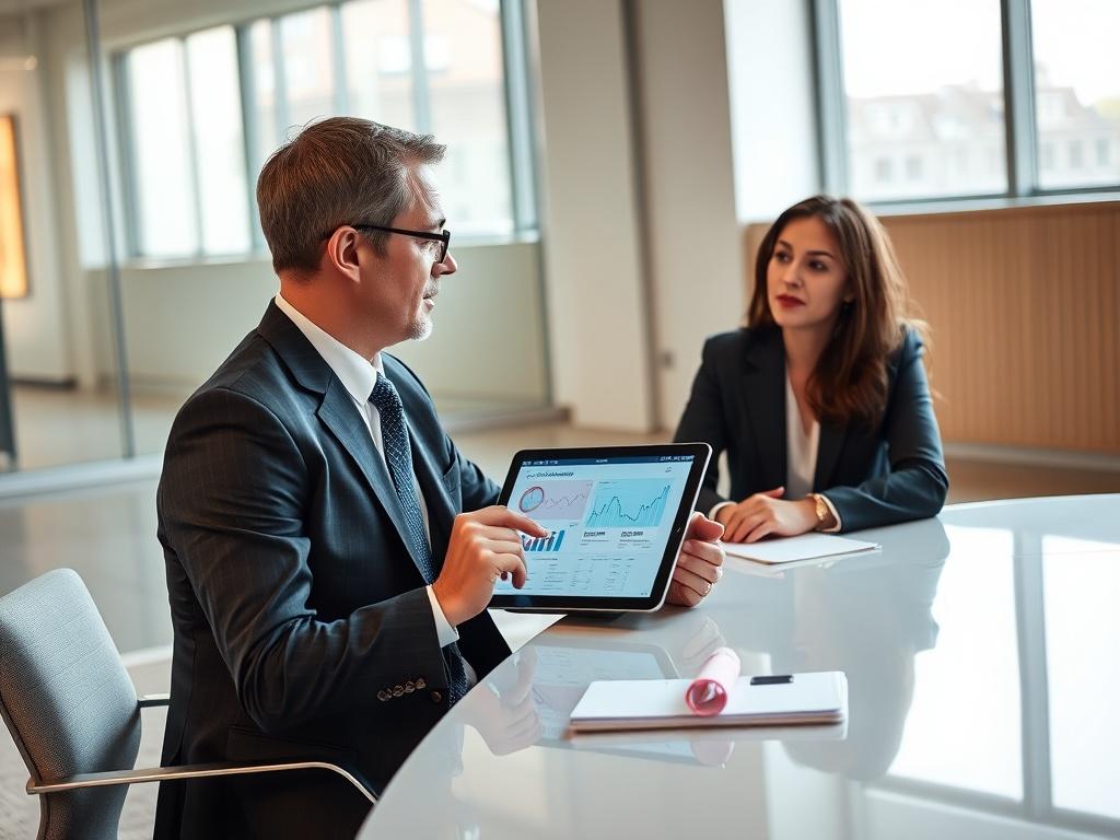 A professional consultant sitting at a sleek, modern desk, engaged in a discussion with a client. The setting is a bright and airy office with large windows. The consultant is holding a tablet displaying recruitment data. The focus is on the engaged expressions of both individuals, highlighting collaboration and strategy. Soft lighting creates a warm atmosphere, with a minimalistic background emphasizing professionalism.